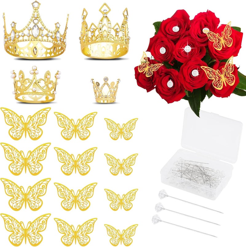 Motroce Crowns for Flower Bouquets, 66 PCS Flower Bouquet Accessories Inclued 4 PCS Crown Cake Topper, 12 PCS Butterfly Decoration, 50 PCS Diamond Pins for Flower Bouquets for Birthday Wedding Baby Shower - Image 1