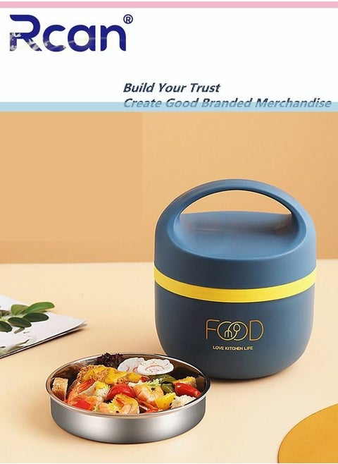 Large Capacity Round Single Layer Lunch Box for Kids Men Women Office With Handle Tableware Portable Sealed Insulated Leak proof Bento Box On-the-Go Meal and Fruit Container, Blue