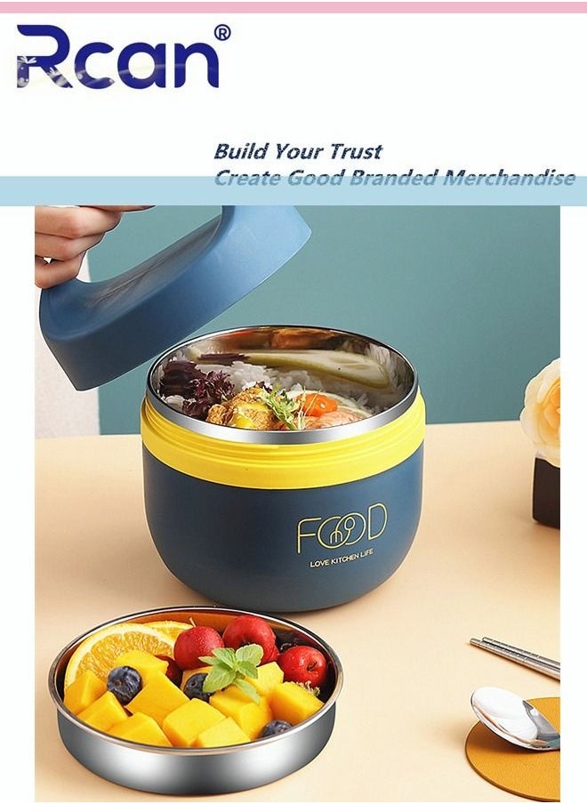 Large Capacity Round Single Layer Lunch Box for Kids Men Women Office With Handle Tableware Portable Sealed Insulated Leak proof Bento Box On-the-Go Meal and Fruit Container, Blue