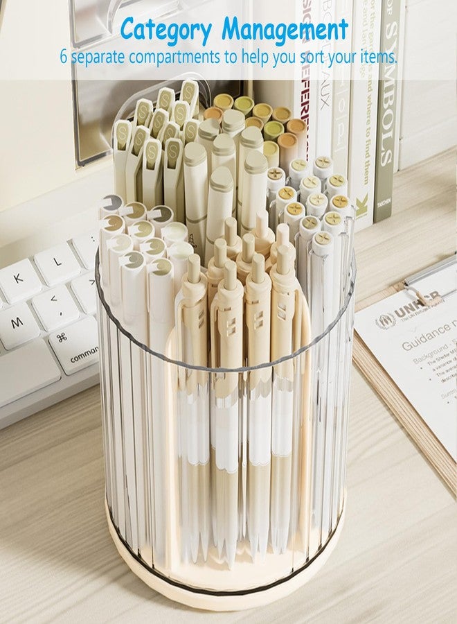 SAYEEC Desk Pencil Pen Holder Rotating Desk Organizer Makeup Brush Holder Pencil Cup Pot Desktop Stationery Supplies Organizer Storage Box Caddy for Office Home (Non-Detachable (Beige)) - Image 5