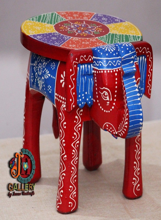 JH Gallery Handcrafted and Emboss Painted Colorful Wooden Elephant Decorative Showpiece Stool (8 Inches Height, Red) - Image 1