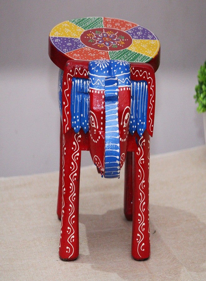JH Gallery Handcrafted and Emboss Painted Colorful Wooden Elephant Decorative Showpiece Stool (8 Inches Height, Red) - Image 2