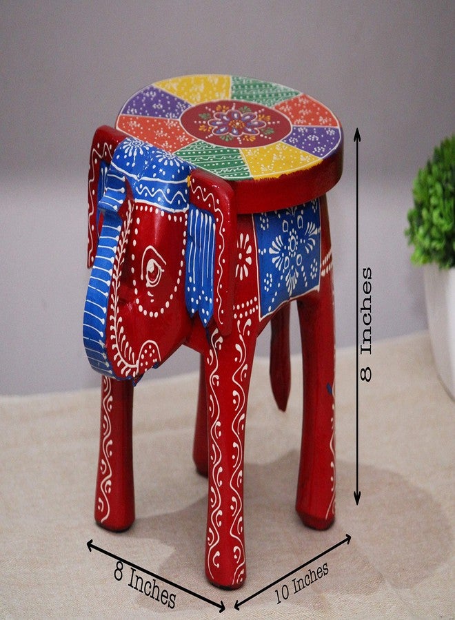 JH Gallery Handcrafted and Emboss Painted Colorful Wooden Elephant Decorative Showpiece Stool (8 Inches Height, Red) - Image 3