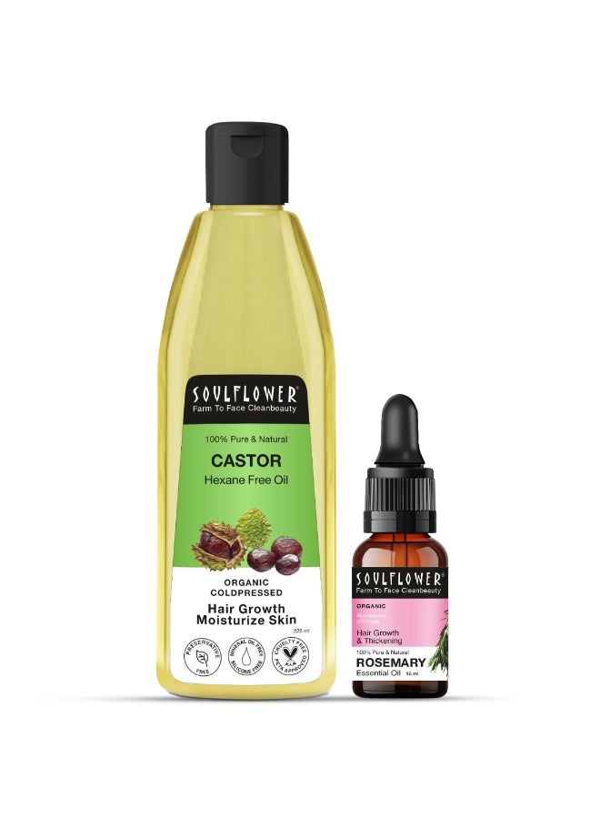 Soulflower Rosemary Essential Oil & Castor Oil for Hair Growth, Hair Fall Control, Hydrating & Moisturising Face & Skin | 100% Pure, Natural, Organic, Ecocert Certified| Pack of 2, 240ml - Image 1