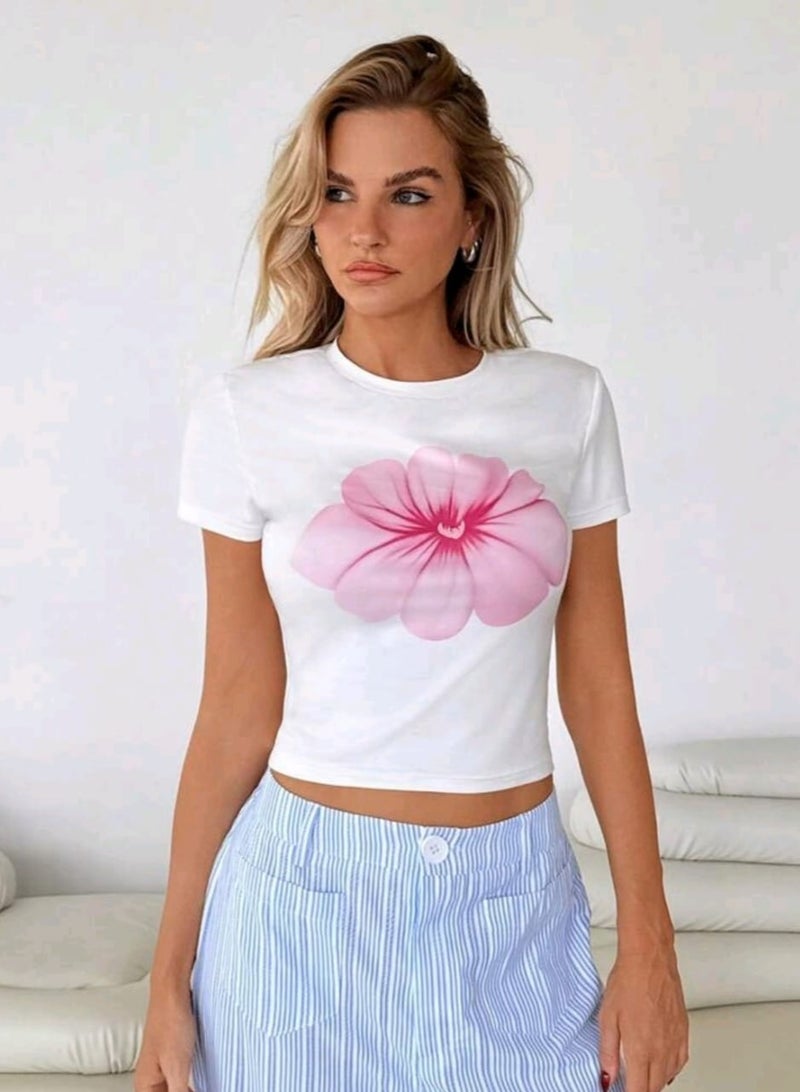 SHEIN Women Floral Print Casual Round Neck Short Sleeve T-Shirt, Summer - Image 1