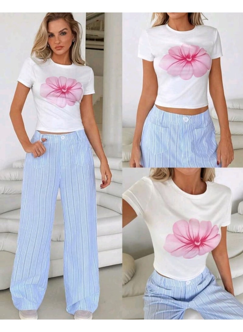 SHEIN Women Floral Print Casual Round Neck Short Sleeve T-Shirt, Summer - Image 2