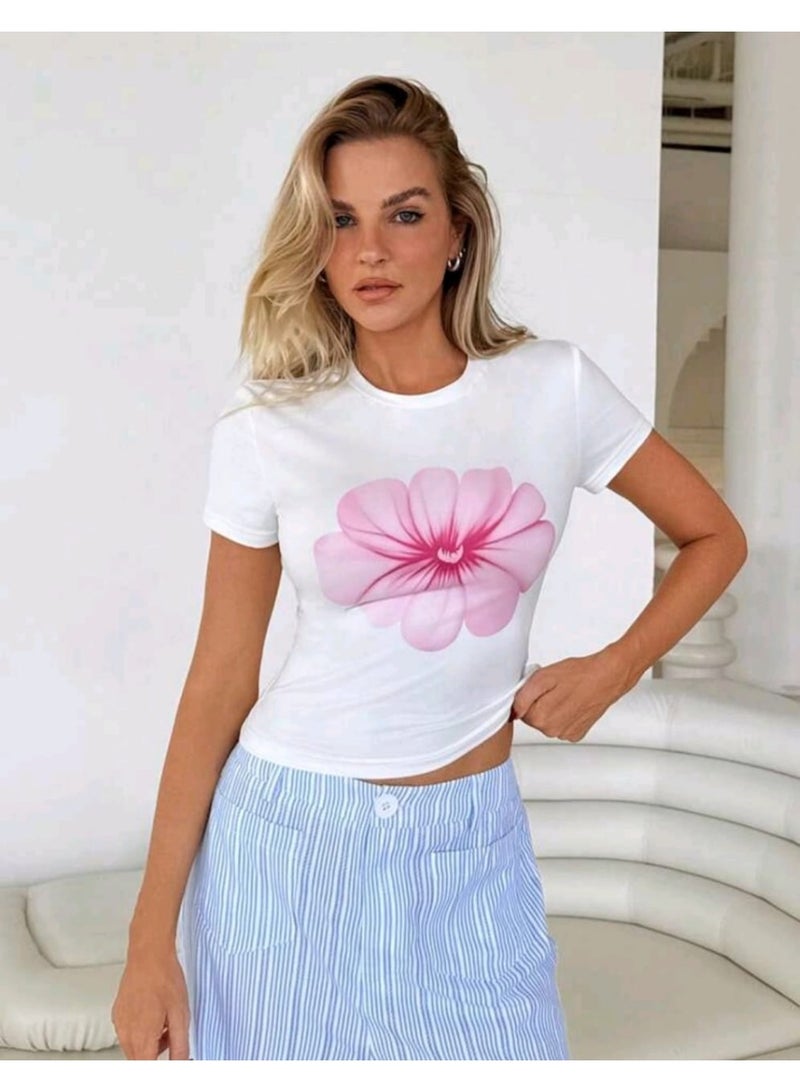 SHEIN Women Floral Print Casual Round Neck Short Sleeve T-Shirt, Summer - Image 5