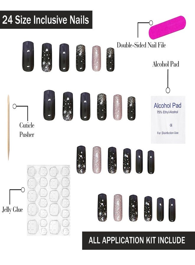 OFDNE Press on Nails Medium Square OFDNE Purple Fake Nails False Nails with Designs Stars Pink Glitter Starry Sky Full Cover Glossy Glue on Nails Elegant Stick on Nails for Women Girls 24 Pcs - Image 3