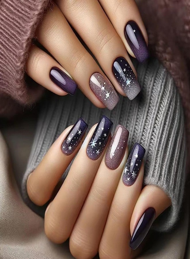 OFDNE Press on Nails Medium Square OFDNE Purple Fake Nails False Nails with Designs Stars Pink Glitter Starry Sky Full Cover Glossy Glue on Nails Elegant Stick on Nails for Women Girls 24 Pcs - Image 1