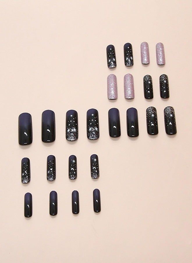 OFDNE Press on Nails Medium Square OFDNE Purple Fake Nails False Nails with Designs Stars Pink Glitter Starry Sky Full Cover Glossy Glue on Nails Elegant Stick on Nails for Women Girls 24 Pcs - Image 5