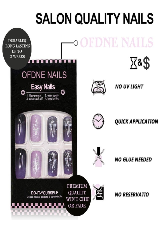 OFDNE Press on Nails Medium Square OFDNE Purple Fake Nails False Nails with Designs Stars Pink Glitter Starry Sky Full Cover Glossy Glue on Nails Elegant Stick on Nails for Women Girls 24 Pcs - Image 2