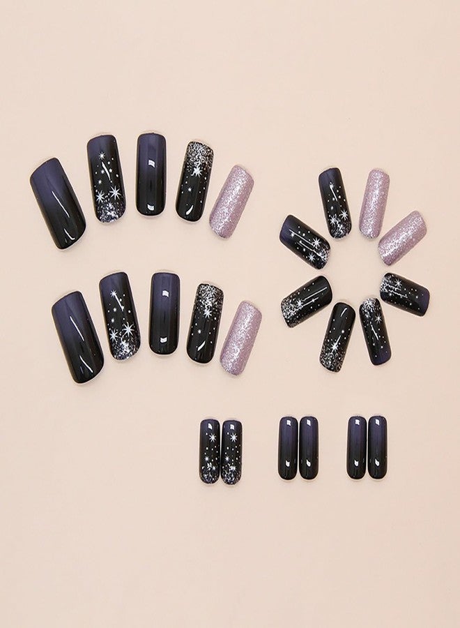 OFDNE Press on Nails Medium Square OFDNE Purple Fake Nails False Nails with Designs Stars Pink Glitter Starry Sky Full Cover Glossy Glue on Nails Elegant Stick on Nails for Women Girls 24 Pcs - Image 4