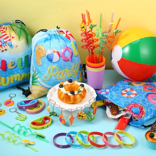 Realspring 91 Pcs Beach Pool Party Favors 9 Inch Beach Balls Bulk Summer Drawstring Backpack Bracelets Keychain Straws for Birthday Pool Party Supplies Goodie Bag StuffersEnjoy Summer - Image 5