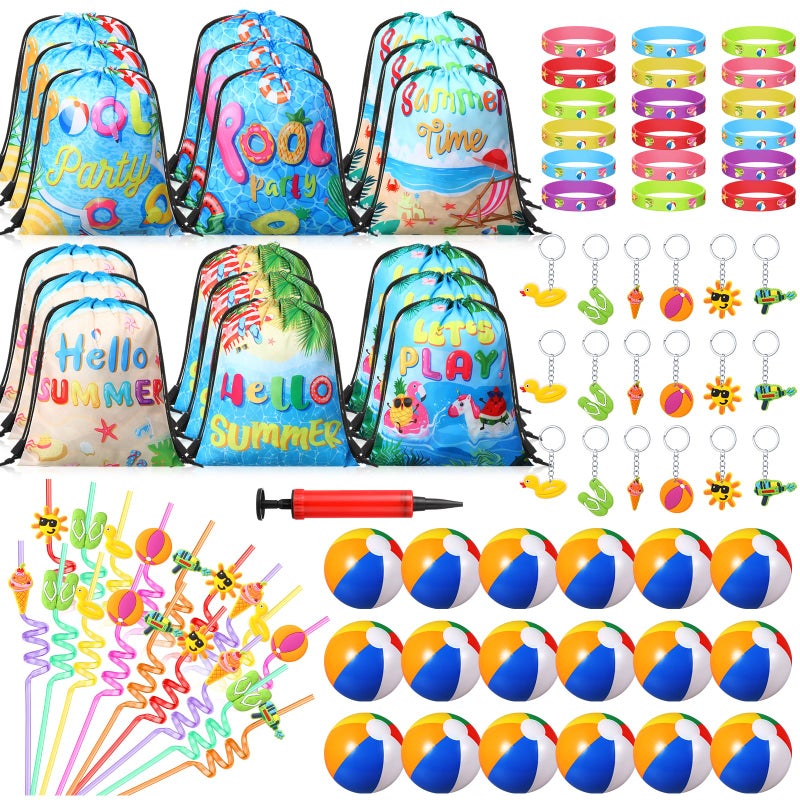 Realspring 91 Pcs Beach Pool Party Favors 9 Inch Beach Balls Bulk Summer Drawstring Backpack Bracelets Keychain Straws for Birthday Pool Party Supplies Goodie Bag StuffersEnjoy Summer - Image 2