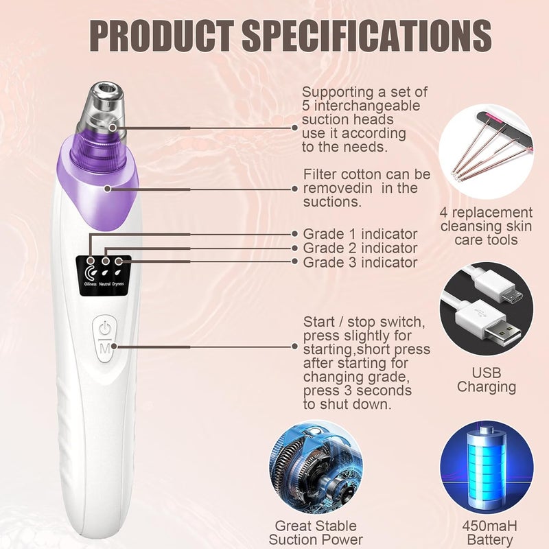 Gackoko 2026 Blackhead Remover Pore Vacuum,Facial Pore Cleaner-5 Suction Power,5 Probes,USB Rechargeable Blackhead Vacuum Kit Electric Pore Vacuum Tool for Adult(Purple) - Image 4