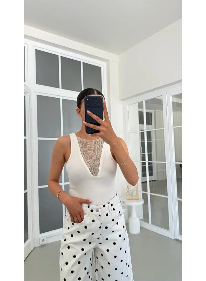 Ecru Stone-Detail Knit Tank Top GAUS-01606.
