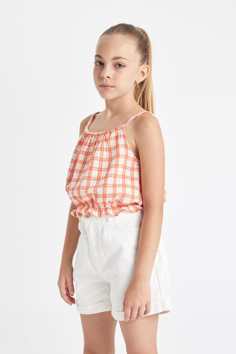 DeFacto Orange Girl Girl Checkered Strappy Blouse Casual - Image 3