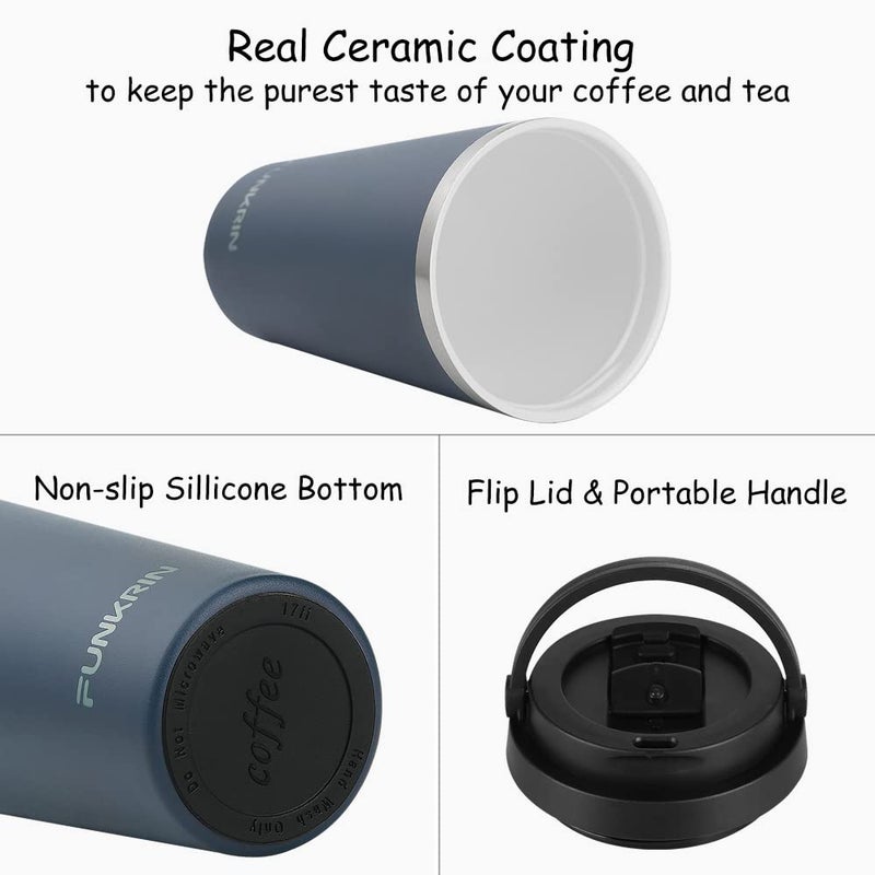 Funkrin Funkrin Insulated Coffee Mug with Ceramic Coating  16oz Iced Coffee Tumbler Cup with Flip Lid and Handle  Double Wall Vacuum Leak-Proof Thermos Mug for Travel Office School Party Camping - Image 2