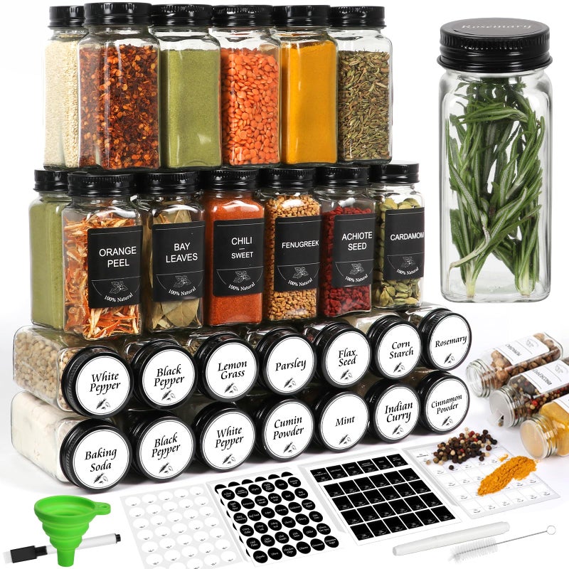 AuroTrends Empty Spice Jars with Labels 4oz 48Pack 4 oz Seasoning Containers with Preprinted Spice LabelsFunnelMarker for Pantry Organizers and Storage 4floz 48Pack