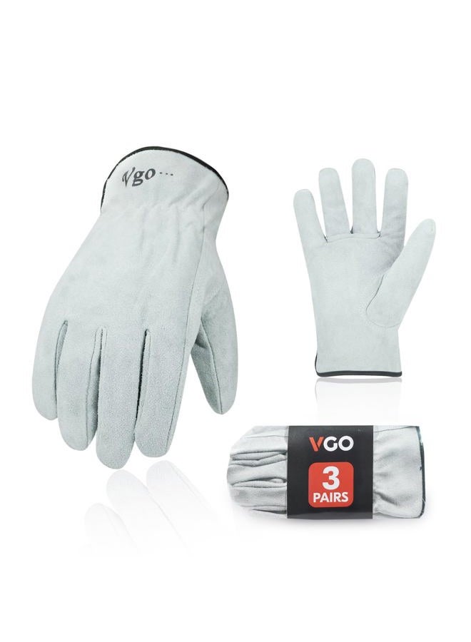 Vgo 3Pairs Unlined Cowhide Split Leather Work and Driver Gloves for Heavy Duty, Truck Driving, Warehouse, Gardening, Farm (Size XL, White,CB9501) - Image 1
