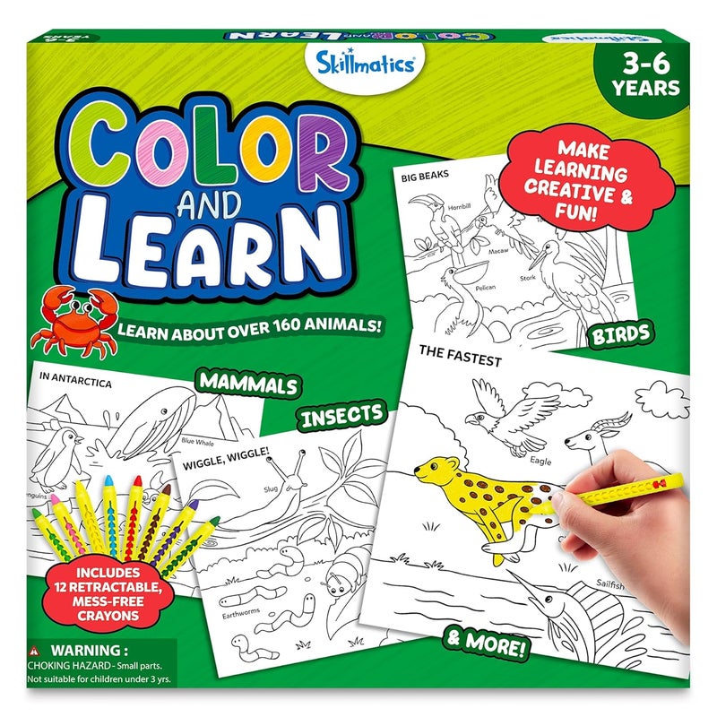 Skillmatics Colouring Book - 50 Tear-Out Pages and 12 Retractable Mess-Free Crayons, Colour and Learn 160+ Animals, Educational Gift for Toddlers and Preschoolers Ages 3, 4, 5, 6 - Image 1