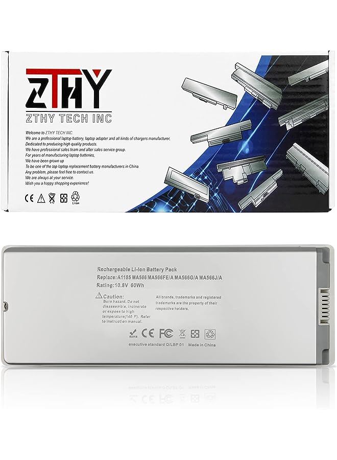 ZTHY A1185 Laptop Battery For Macbook 13" A1181 (Mid. / Late 2006, Mid. / Late 2007, Early/Late 2008, Early/Mid. 2009) Ma254 Ma255 Mb402 Ma566 Ma561 Ma699 Ma561 Ma561Fe/A Ma561G/A Ma561J/A White - Image 1