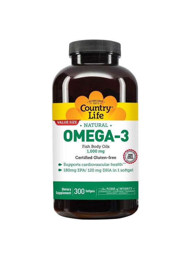 Country Life Omega-3 Fish Oil Supplement, 1000mg, 180mg EPA & 120mg DHA, Fish Oil Concentrate with Lemon Flavor, Burpless, 300 Softgels, Certified Gluten Free