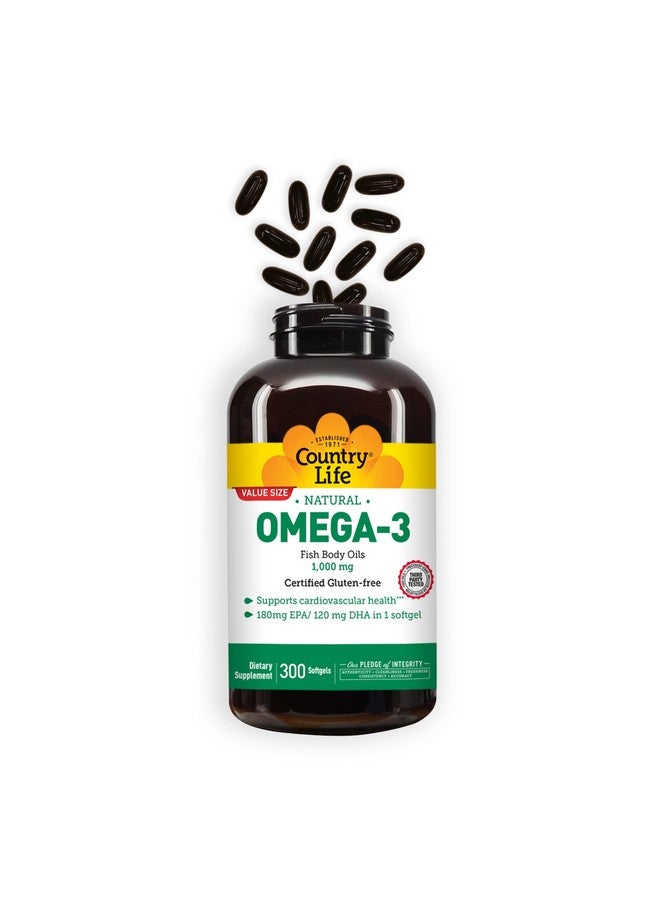 Country Life Omega-3 Fish Oil Supplement, 1000mg, 180mg EPA & 120mg DHA, Fish Oil Concentrate with Lemon Flavor, Burpless, 300 Softgels, Certified Gluten Free