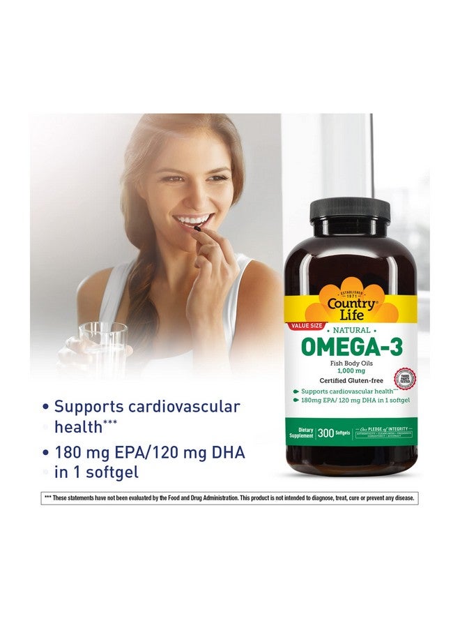 Country Life Omega-3 Fish Oil Supplement, 1000mg, 180mg EPA & 120mg DHA, Fish Oil Concentrate with Lemon Flavor, Burpless, 300 Softgels, Certified Gluten Free