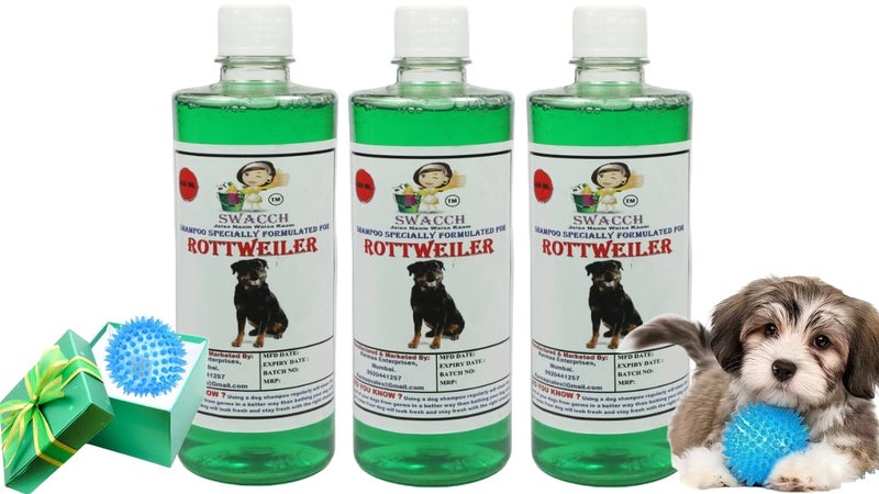 swacch Shampoo | Puppy Safe Shampoo | PH Balanced | Ditch to Itch for Rottweiler Dog Shampoo 500ml Pack of 3 (Neem Alovera) + Spike Ball Chew Toy Combo Pack - Image 1