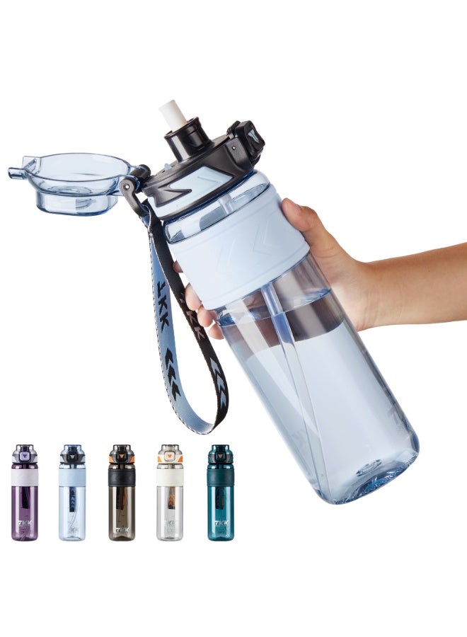 TKK 1000ml Tritan Plastic Water Bottle with Straw and BPA Free with Rope Easy to Carry | Blue - Image 1