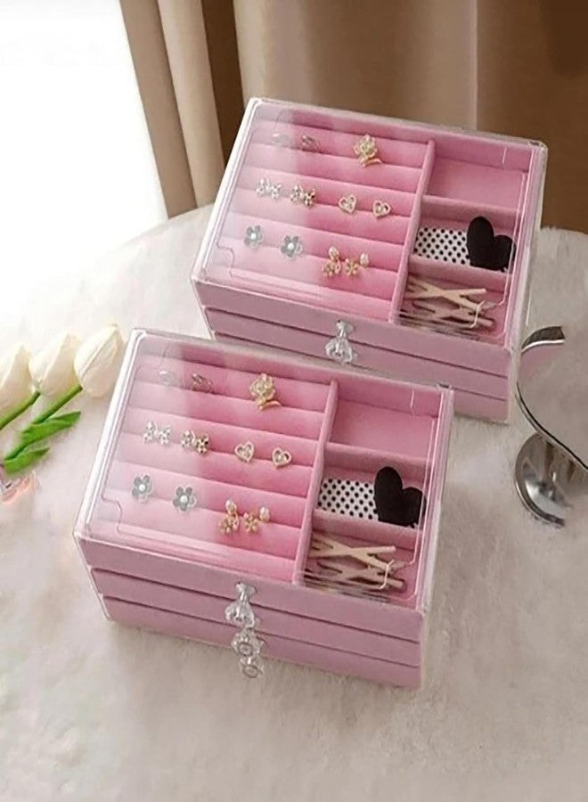 MEZON منظم مجوهرات أكريليك من ميزون بثلاثة أدراج | 10 أقسام و7 فتحات لأقراط الأذن | صندوق تخزين شفاف للأقراط والقلائد والخواتم والأساور للنساء (وردي) - Image 4
