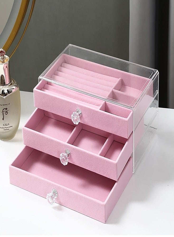 MEZON منظم مجوهرات أكريليك من ميزون بثلاثة أدراج | 10 أقسام و7 فتحات لأقراط الأذن | صندوق تخزين شفاف للأقراط والقلائد والخواتم والأساور للنساء (وردي) - Image 5