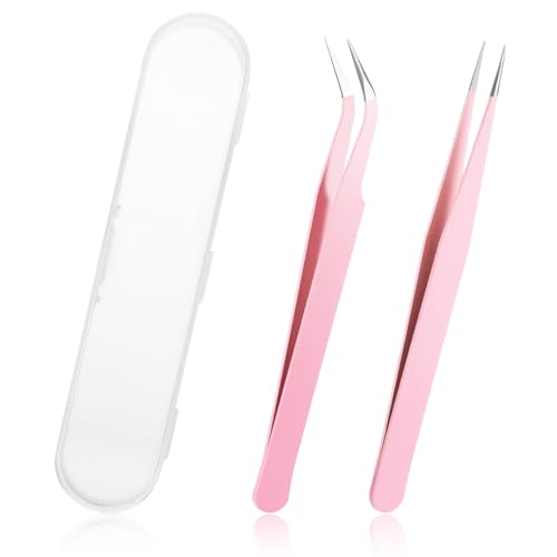 Zyghjort Sticker Tweezers 2 Pcs Stainless Steel Tweezers for Crafting Straight Curved Eyebrow Tweezer for Stickers Jewelry Making DIY Crafts Scrapbooking Precision Electronics Pink - Image 1