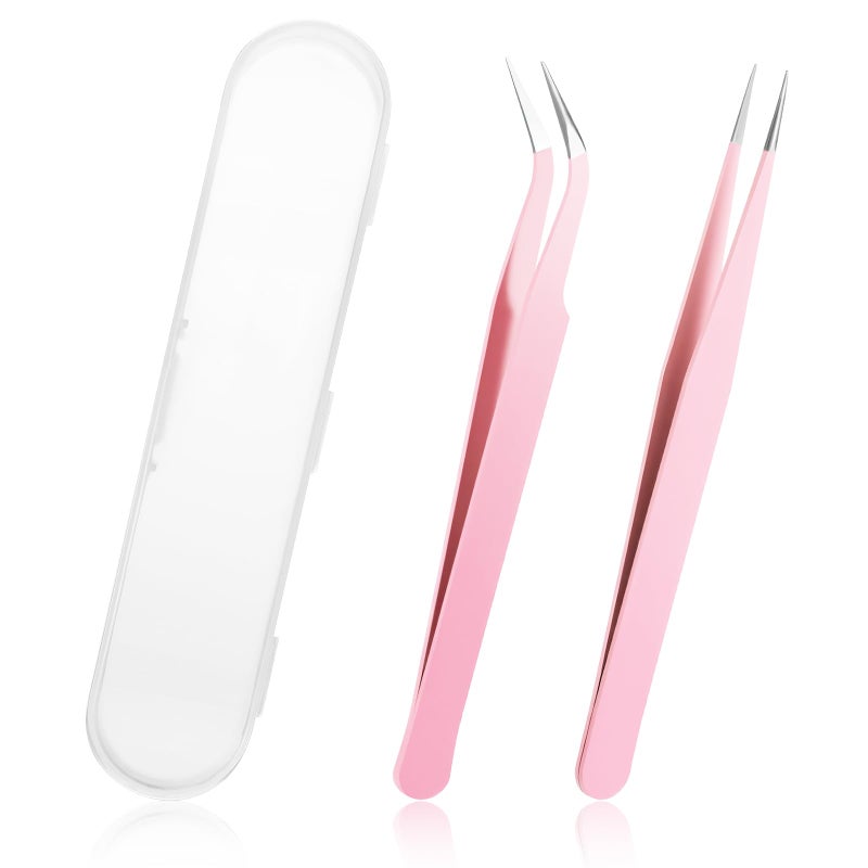 Zyghjort Sticker Tweezers 2 Pcs Stainless Steel Tweezers for Crafting Straight Curved Eyebrow Tweezer for Stickers Jewelry Making DIY Crafts Scrapbooking Precision Electronics Pink - Image 3