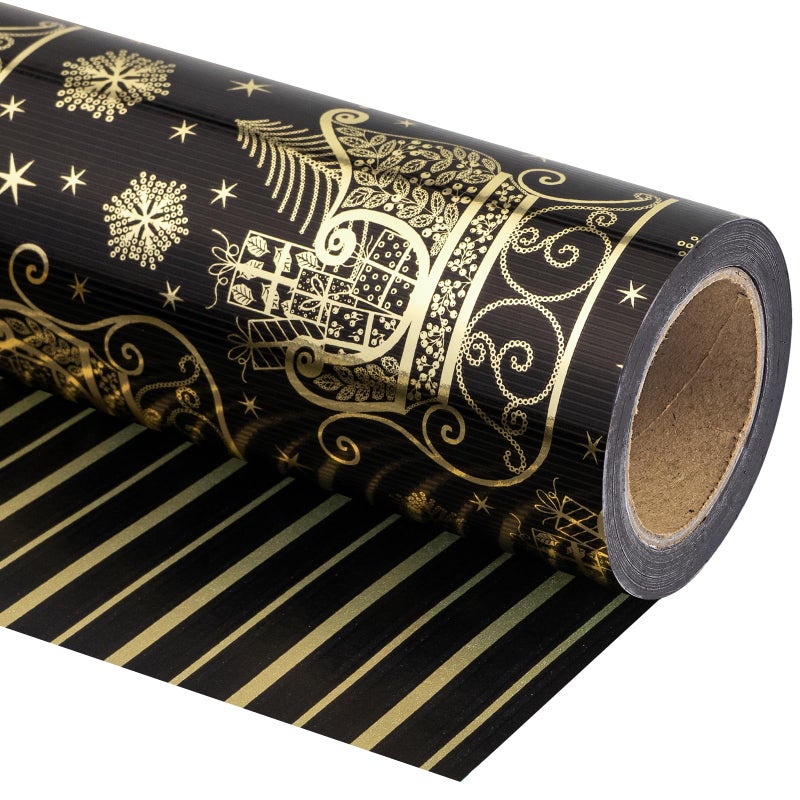 WRAPAHOLIC Reversible Black and Gold Christmas Wrapping Paper Mini Roll 17 Inch x 33 Feet Black Gold Sleigh and Stripe Wrapping Paper with Metallic Foil Shine for Christmas Holiday Party