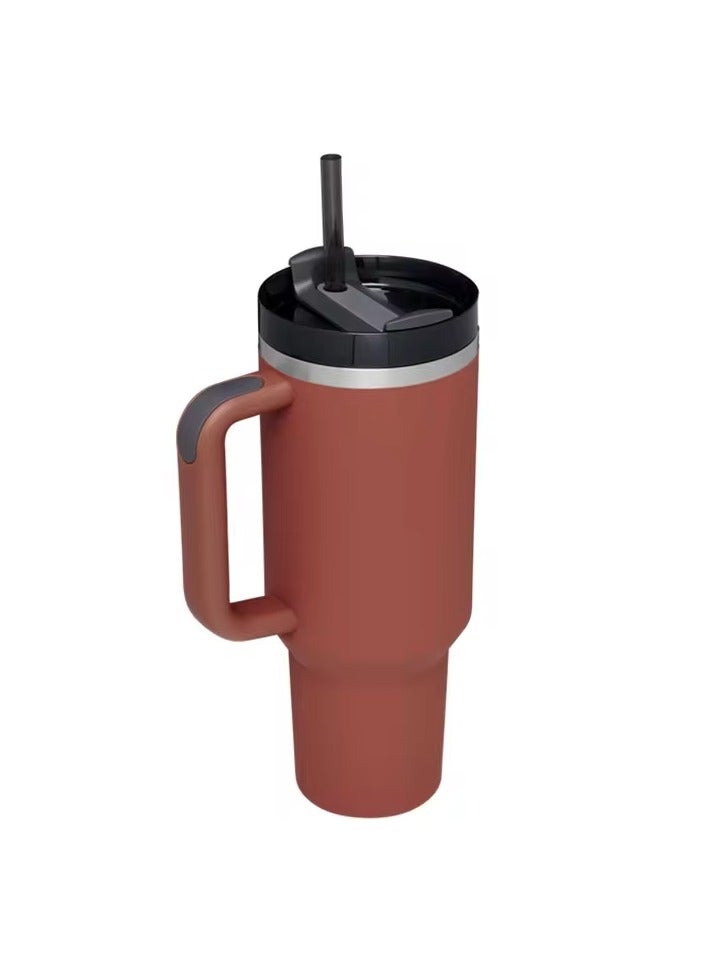 RIYAD GADGETS 1200ml Tumbler Leak-Proof Coffee Mug with Handle, Straw, and Stanley Cup-like Design Red embroidery - Image 1