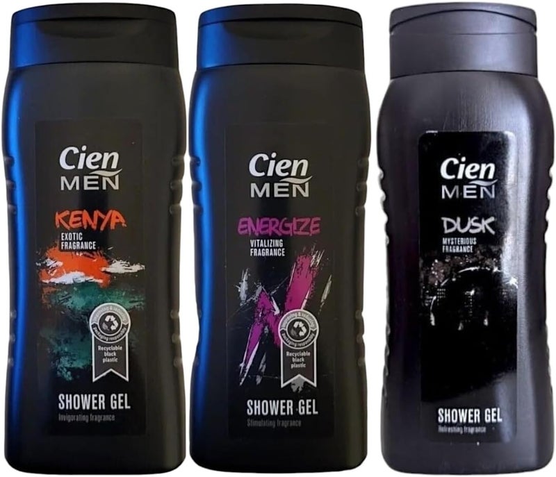 مجموعة جل استحمام 3x سيان للرجال - كينيا، عطر غريب، تنشيط، حيوية، غسق، روائح غامضة 400 مل لكل منها