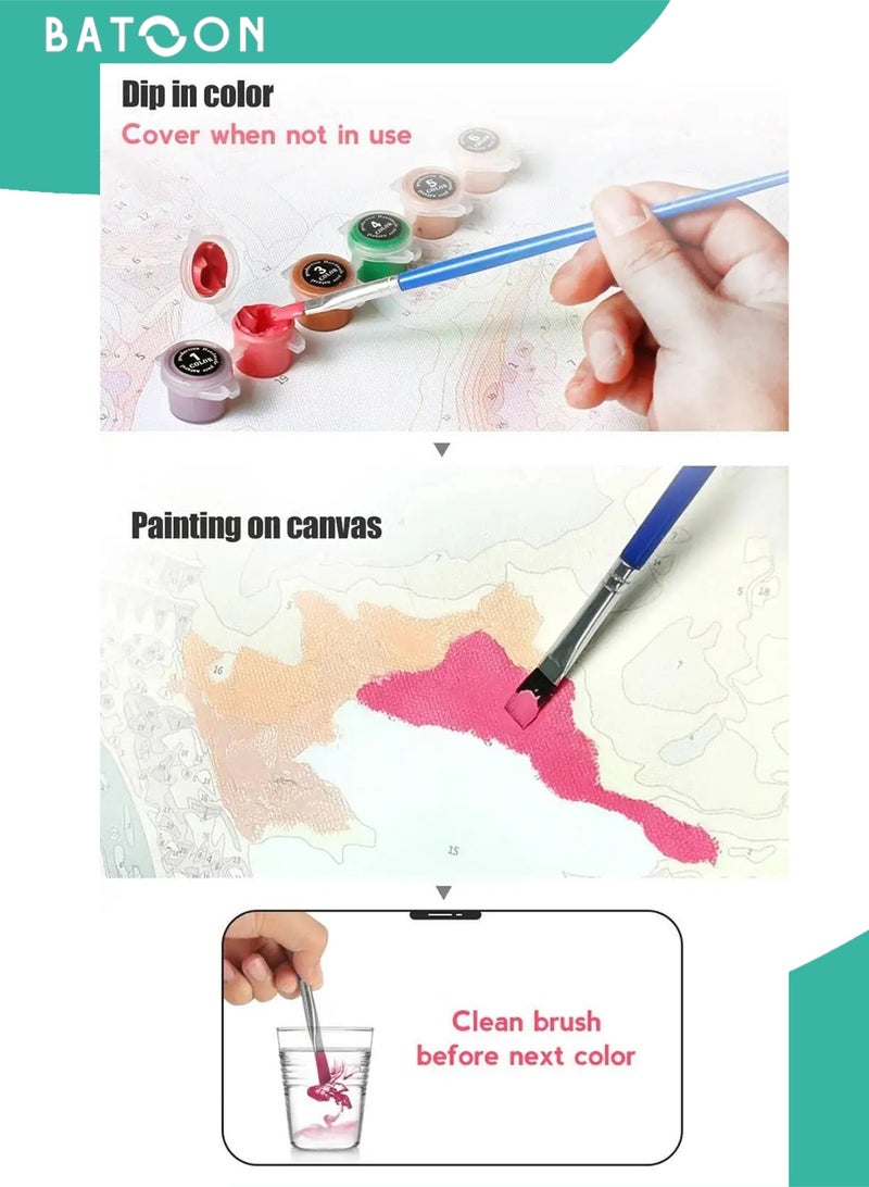 باتون مجموعة لوحات زيتية من القماش للأطفال بأرقام وفرشاة ورسم أكريليك، ديكور داخلي، هدية مع إحساس بالإنجاز - Image 4