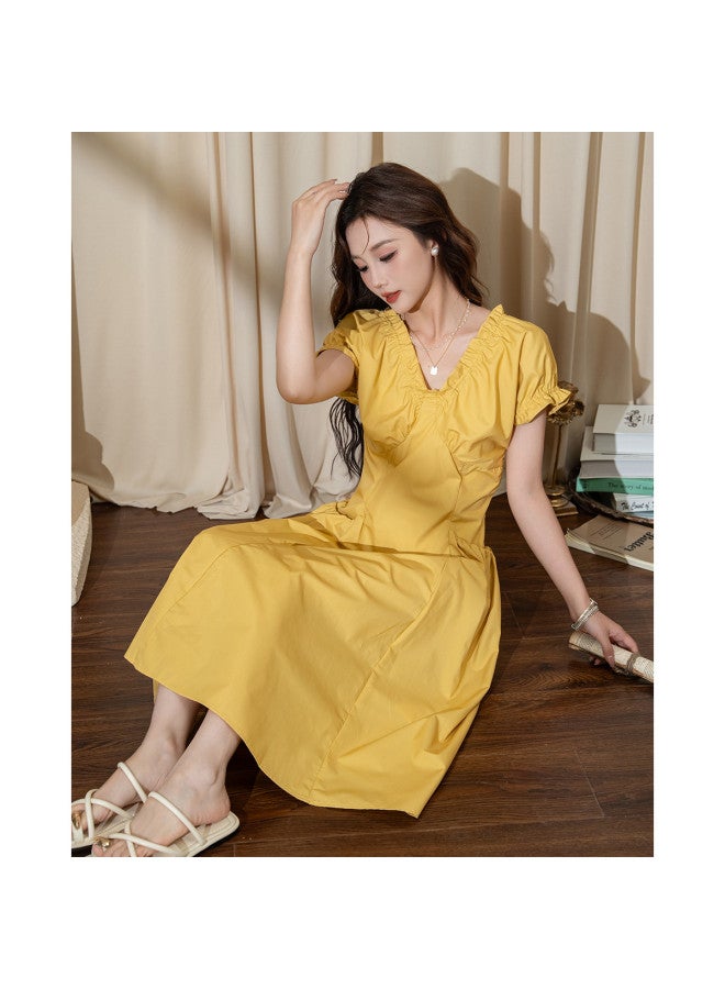 TonLion 2025 Summer Women's V-neck Short Sleeve Dress Solid Color Puff Sleeve Lady Style Elegant Fashion Maxi Dress - Image 5