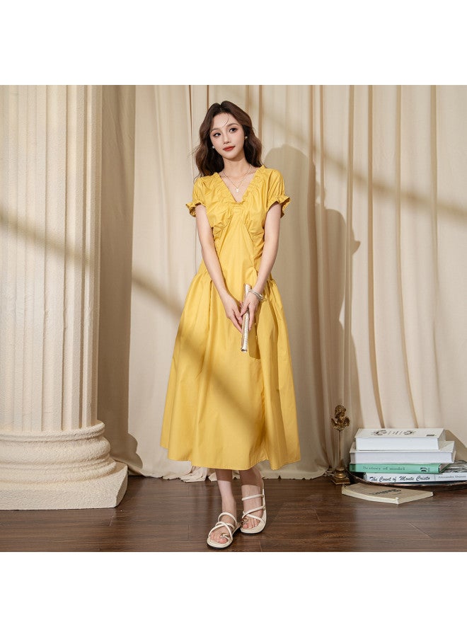 TonLion 2025 Summer Women's V-neck Short Sleeve Dress Solid Color Puff Sleeve Lady Style Elegant Fashion Maxi Dress - Image 3
