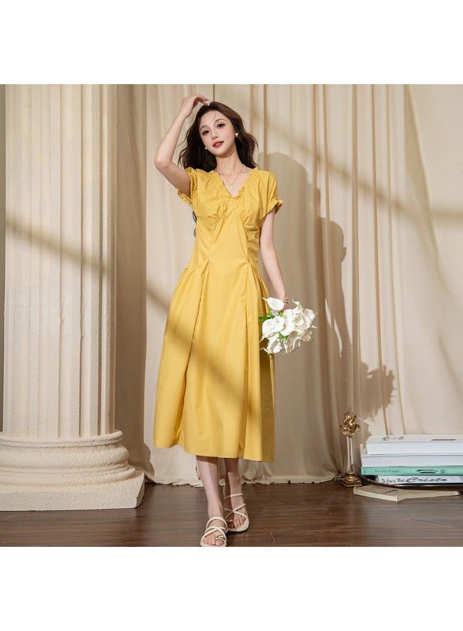 TonLion 2025 Summer Women's V-neck Short Sleeve Dress Solid Color Puff Sleeve Lady Style Elegant Fashion Maxi Dress - Image 4