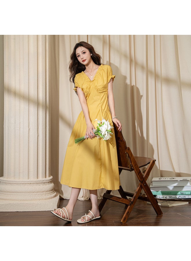 TonLion 2025 Summer Women's V-neck Short Sleeve Dress Solid Color Puff Sleeve Lady Style Elegant Fashion Maxi Dress - Image 2