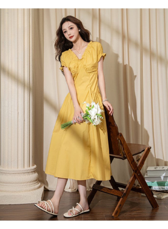 TonLion 2025 Summer Women's V-neck Short Sleeve Dress Solid Color Puff Sleeve Lady Style Elegant Fashion Maxi Dress - Image 1