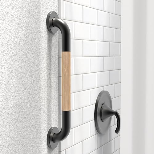 AquaChase Safety Grab Bar for Bathroom Toilet Natural Bamboo Handle ADA Compliant Balance Assist Handrail for Handicap and Seniors 16in Matte Black - Image 3