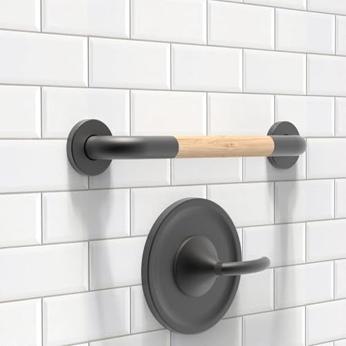 AquaChase Safety Grab Bar for Bathroom Toilet Natural Bamboo Handle ADA Compliant Balance Assist Handrail for Handicap and Seniors 16in Matte Black - Image 1