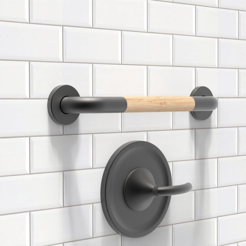 AquaChase Safety Grab Bar for Bathroom Toilet Natural Bamboo Handle ADA Compliant Balance Assist Handrail for Handicap and Seniors 16in Matte Black - Image 2
