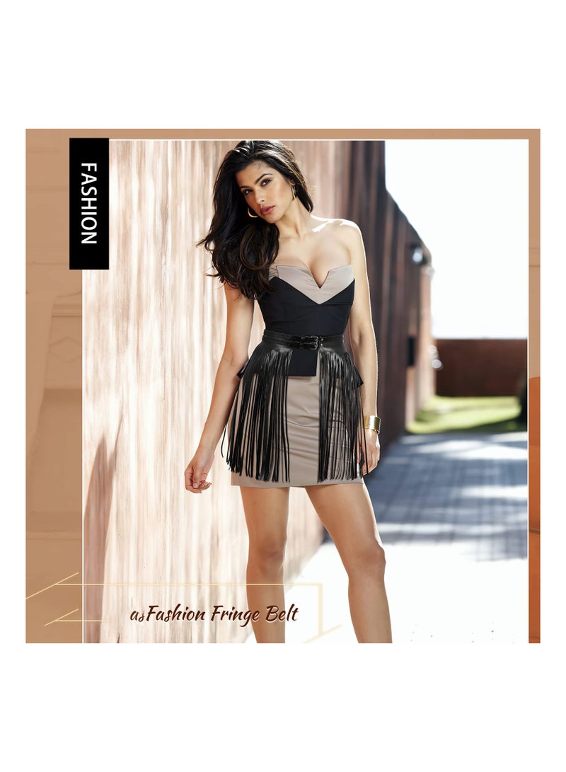 SOLARAE Wide Tassel Fringe Belt for Women, Black PU Leather Gypsy Style Wrap Belt, Retro Faux Leather Casual Waist Belt, Perfect for Fashionable Outfits and Everyday Wear. - Image 2