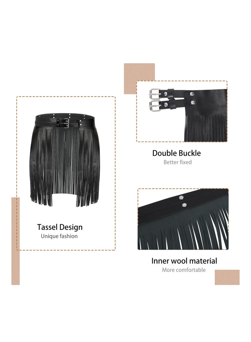 SOLARAE Wide Tassel Fringe Belt for Women, Black PU Leather Gypsy Style Wrap Belt, Retro Faux Leather Casual Waist Belt, Perfect for Fashionable Outfits and Everyday Wear. - Image 4