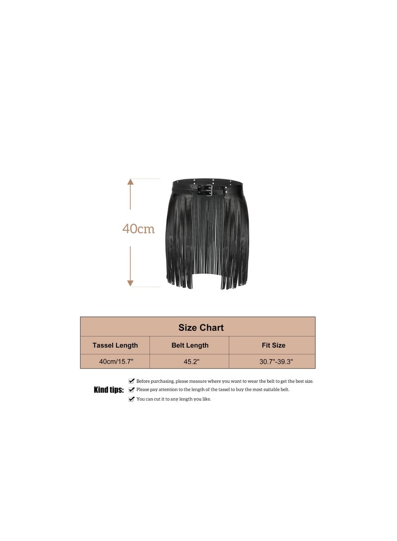 SOLARAE Wide Tassel Fringe Belt for Women, Black PU Leather Gypsy Style Wrap Belt, Retro Faux Leather Casual Waist Belt, Perfect for Fashionable Outfits and Everyday Wear. - Image 5